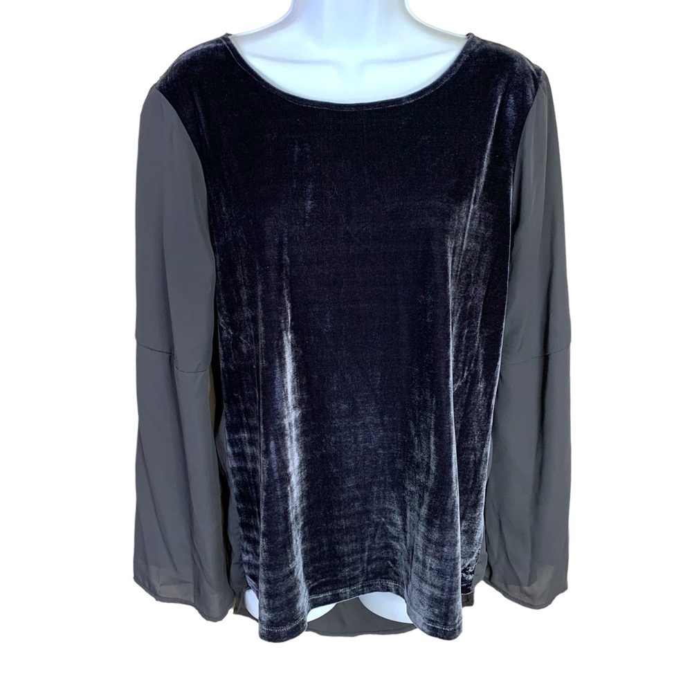 Small Grey Velour Blouse Velvet Front Long Sleeve Pullover Slate Grey